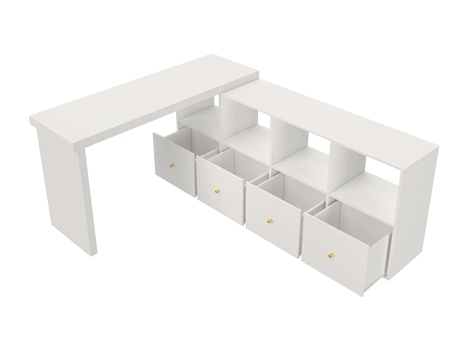 Bureau d'angle pivotant - 4 compartiments et 4 tiroirs  - Plateau pivotant à 360° - Plateau et pieds renforcés - MDF - Blanc