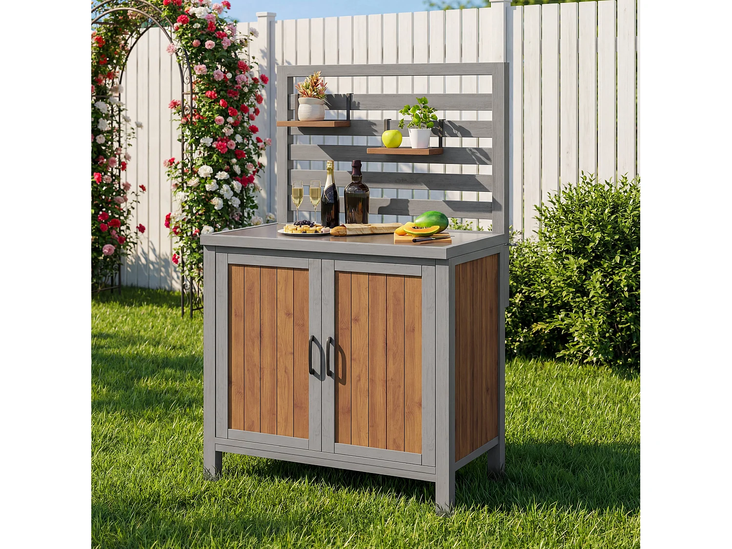 Drewniana szafka ogrodowa - 80 x 51 x 148,5 cm - z blatem + półki + 2 drzwi - naturalna