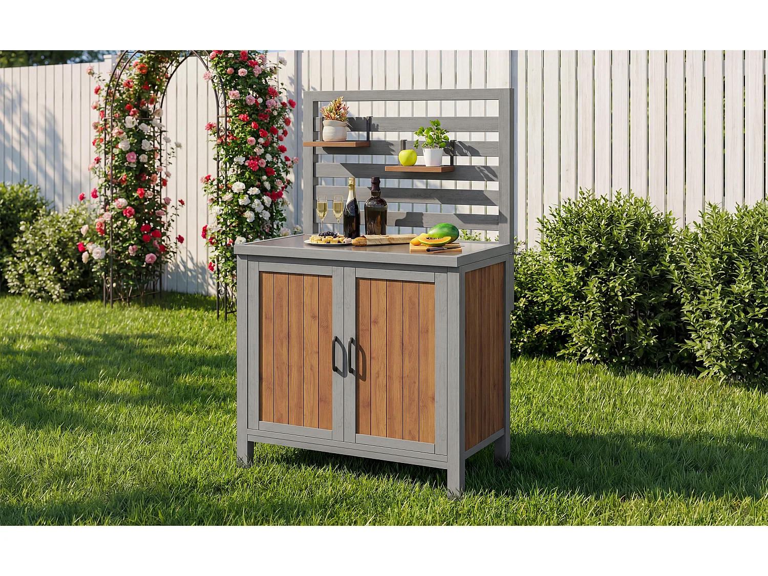 Drewniana szafka ogrodowa - 80 x 51 x 148,5 cm - z blatem + półki + 2 drzwi - naturalna