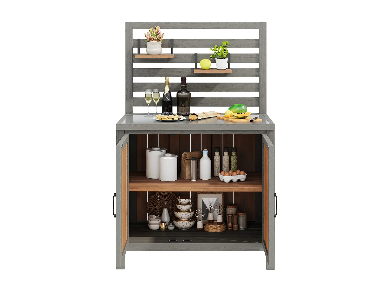 Drewniana szafka ogrodowa - 80 x 51 x 148,5 cm - z blatem + półki + 2 drzwi - naturalna