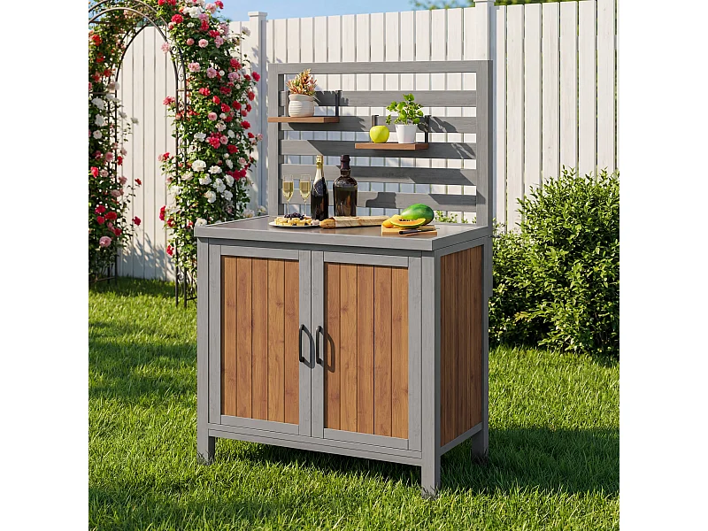 Drewniana szafka ogrodowa - 80 x 51 x 148,5 cm - z blatem + półki + 2 drzwi - naturalna