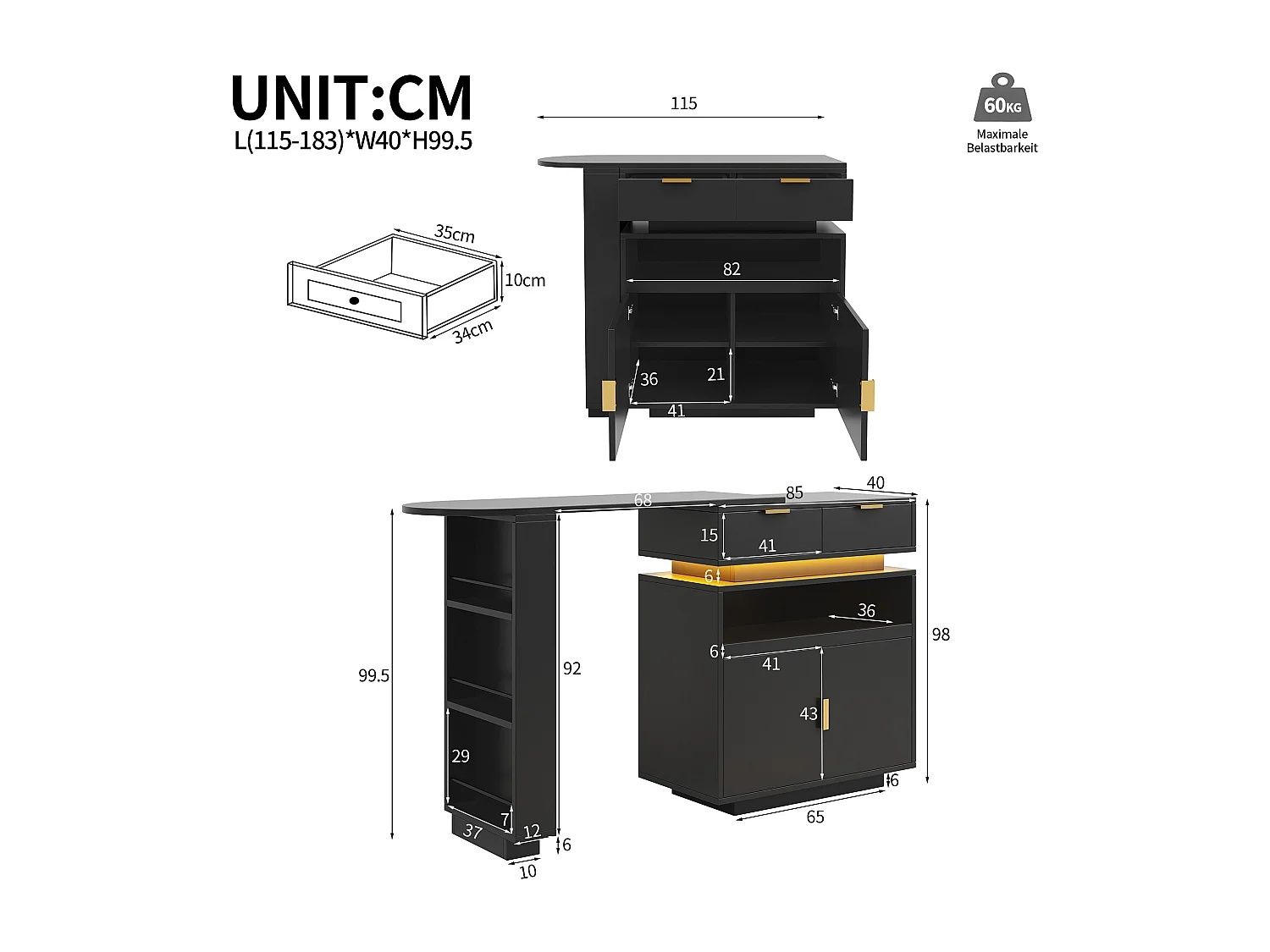 Mueble de bar - con iluminación LED - rotación a 360° - con espacio de almacenamiento - negro