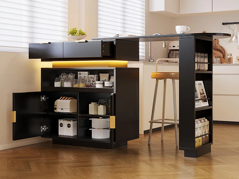 Bar-Schrank - mit LED-Beleuchtung - 360°-Drehung - mit Stauraum - schwarz