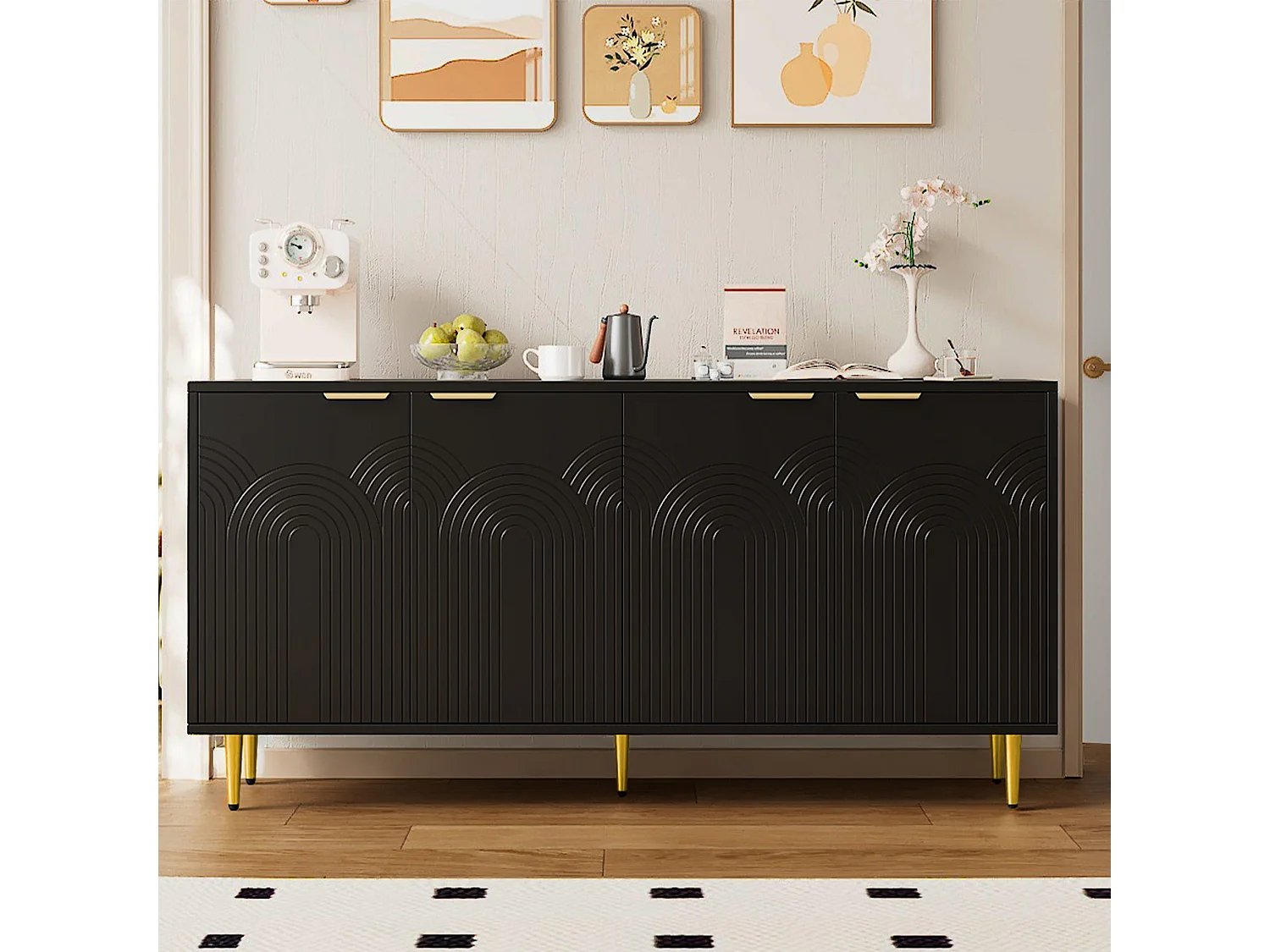 Komoda do salonu - 160 x 40 x 80 cm - 4 drzwi + lakierowane nogi + uchwyty metalowe w kolorze złotym - płyta wiórowa - kolor czarny