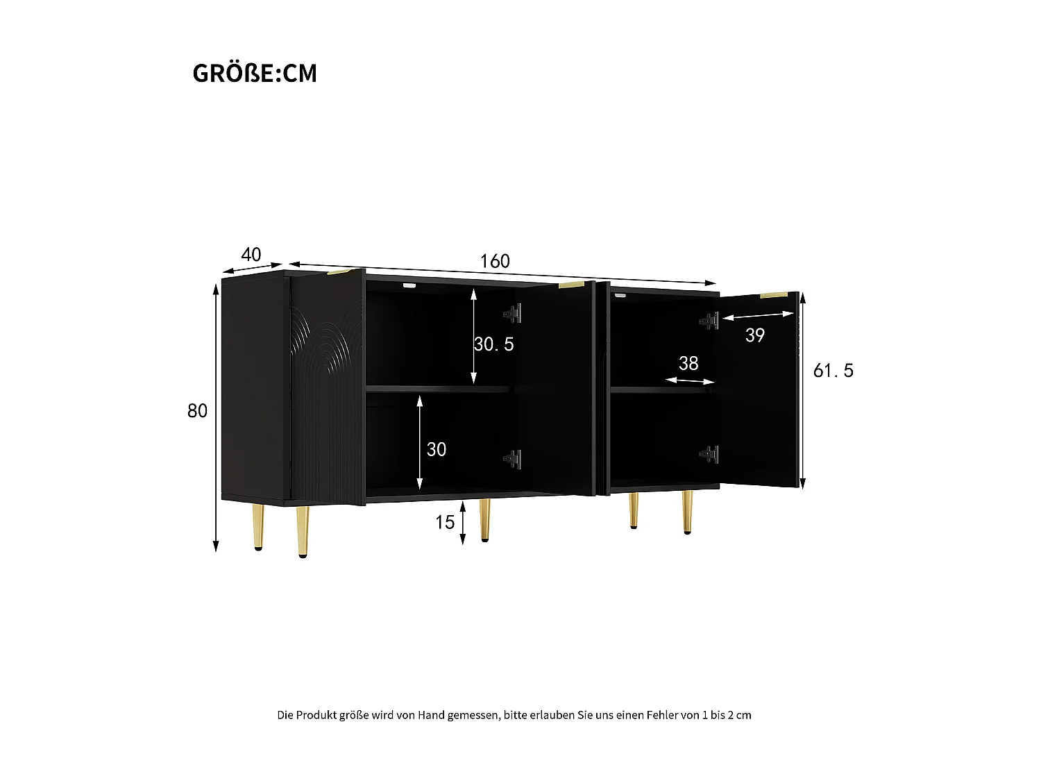 Komoda do salonu - 160 x 40 x 80 cm - 4 drzwi + lakierowane nogi + uchwyty metalowe w kolorze złotym - płyta wiórowa - kolor czarny