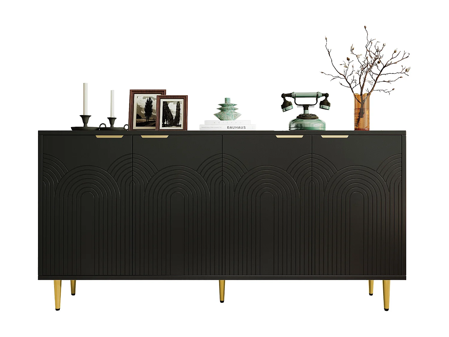 Komoda do salonu - 160 x 40 x 80 cm - 4 drzwi + lakierowane nogi + uchwyty metalowe w kolorze złotym - płyta wiórowa - kolor czarny