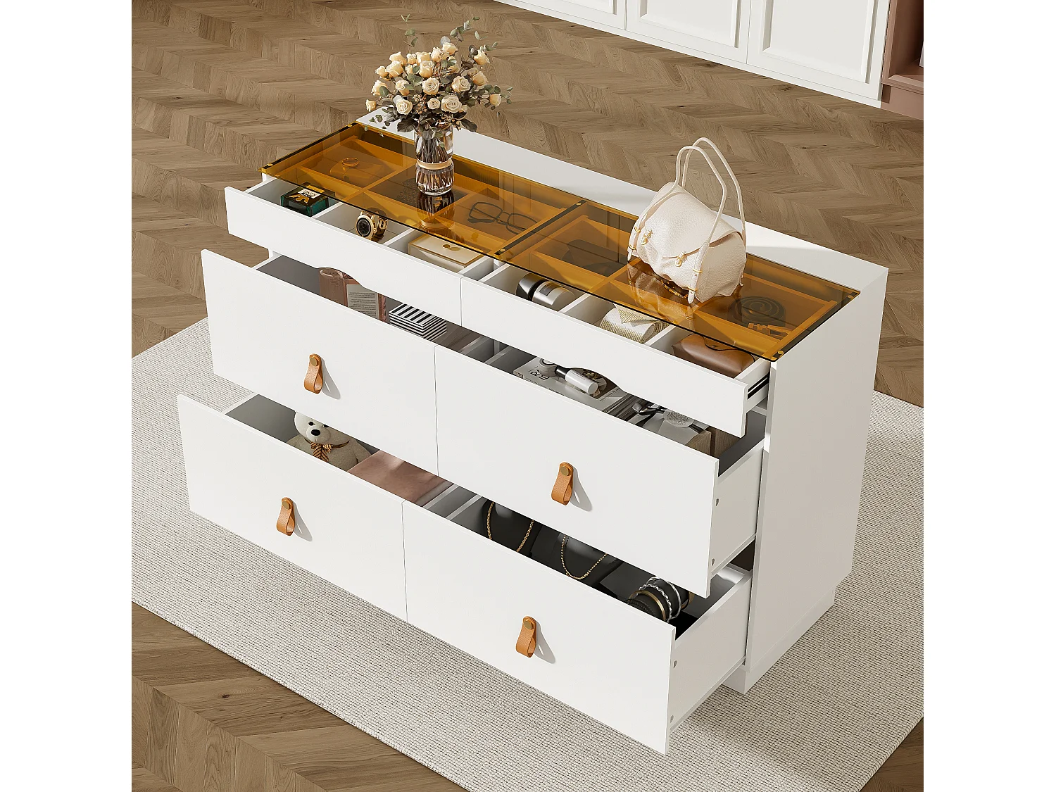 Nowoczesna komoda - 120 x 40 x 78 cm - z 6 szufladami - wykonana ze szkła hartowanego i płyty wiórowej - biała