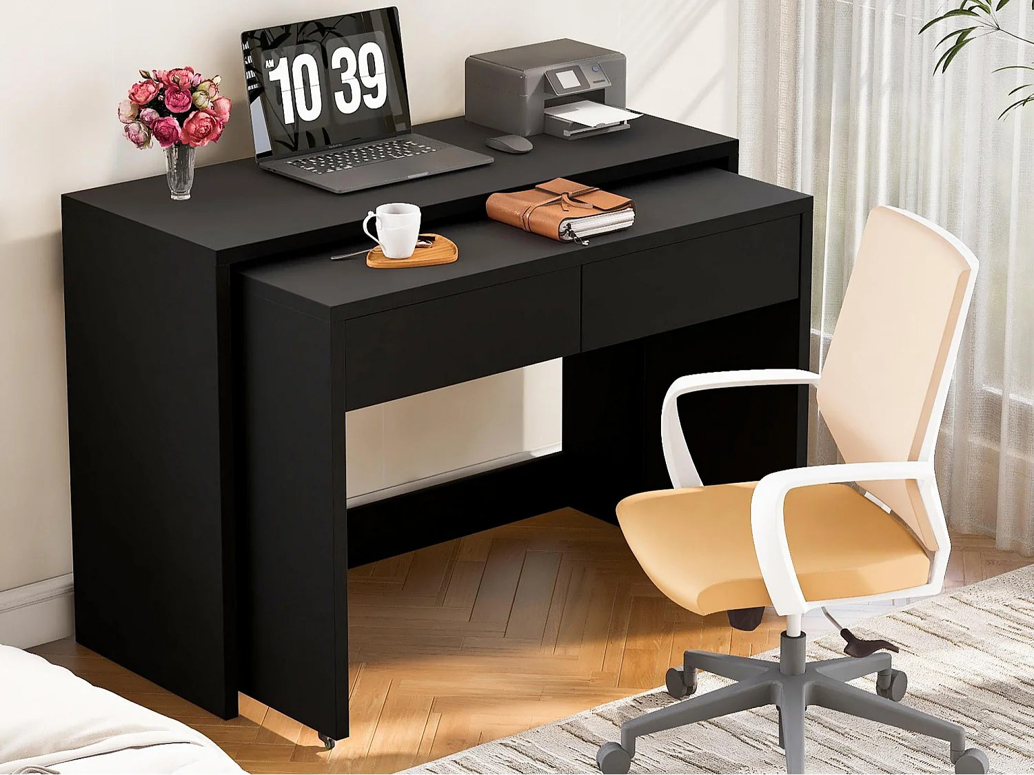 Bureau extensible 110x40x78 cm - Bureau + caisson à tiroirs - Roulettes - Plateau robuste - Panneaux de particules - Noir