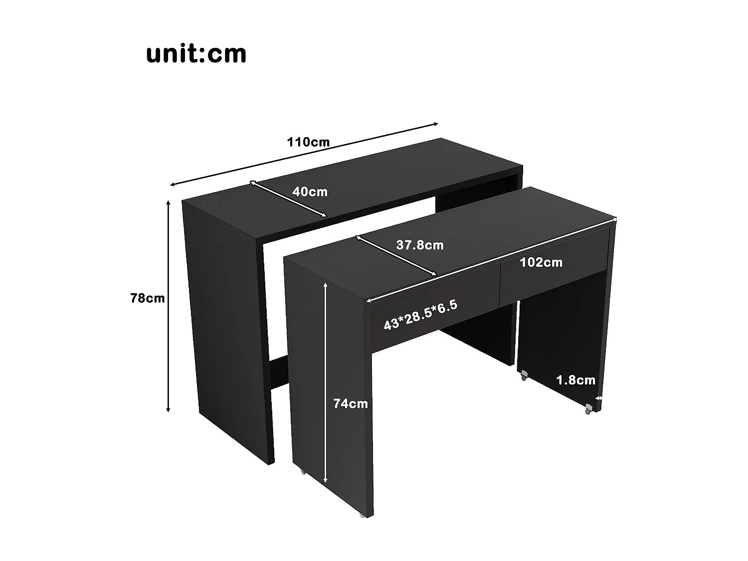 Bureau extensible 110x40x78 cm - Bureau + caisson à tiroirs - Roulettes - Plateau robuste - Panneaux de particules - Noir