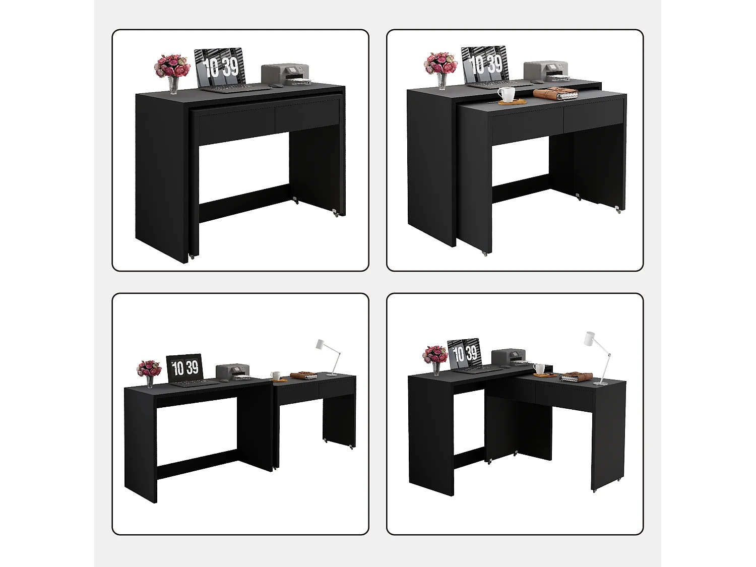 Bureau extensible 110x40x78 cm - Bureau + caisson à tiroirs - Roulettes - Plateau robuste - Panneaux de particules - Noir