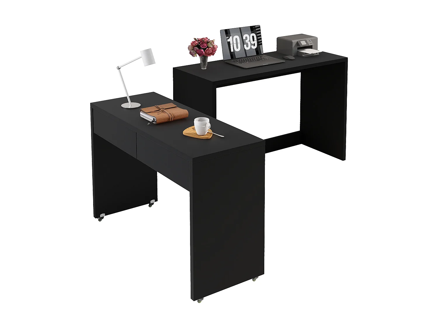 Bureau extensible 110x40x78 cm - Bureau + caisson à tiroirs - Roulettes - Plateau robuste - Panneaux de particules - Noir