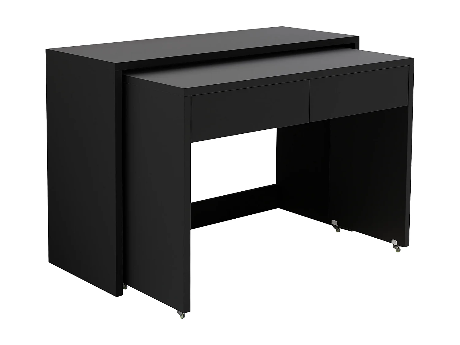 Bureau extensible 110x40x78 cm - Bureau + caisson à tiroirs - Roulettes - Plateau robuste - Panneaux de particules - Noir