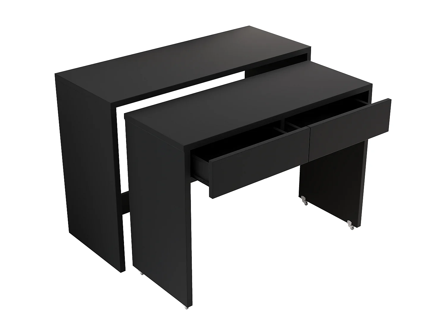 Bureau extensible 110x40x78 cm - Bureau + caisson à tiroirs - Roulettes - Plateau robuste - Panneaux de particules - Noir