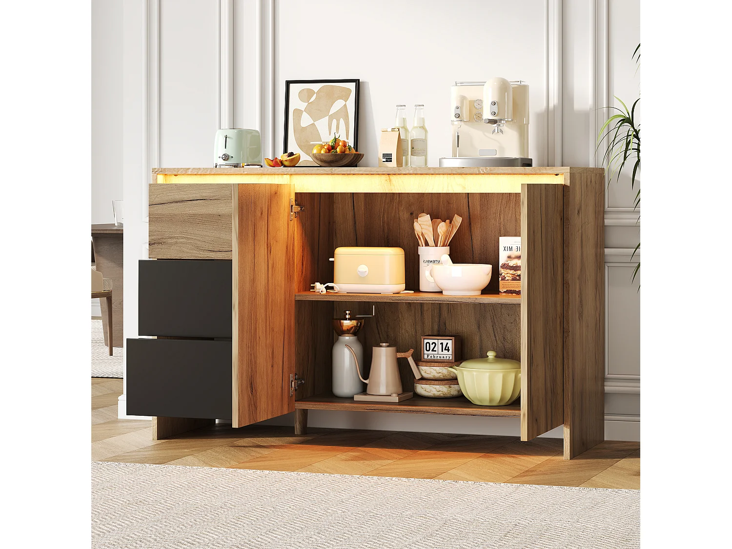 Nowoczesna komoda do salonu - 120 x 40 x 76 cm - 3 szuflady + 2 drzwi + diody LED - płyta wiórowa - kolor naturalny