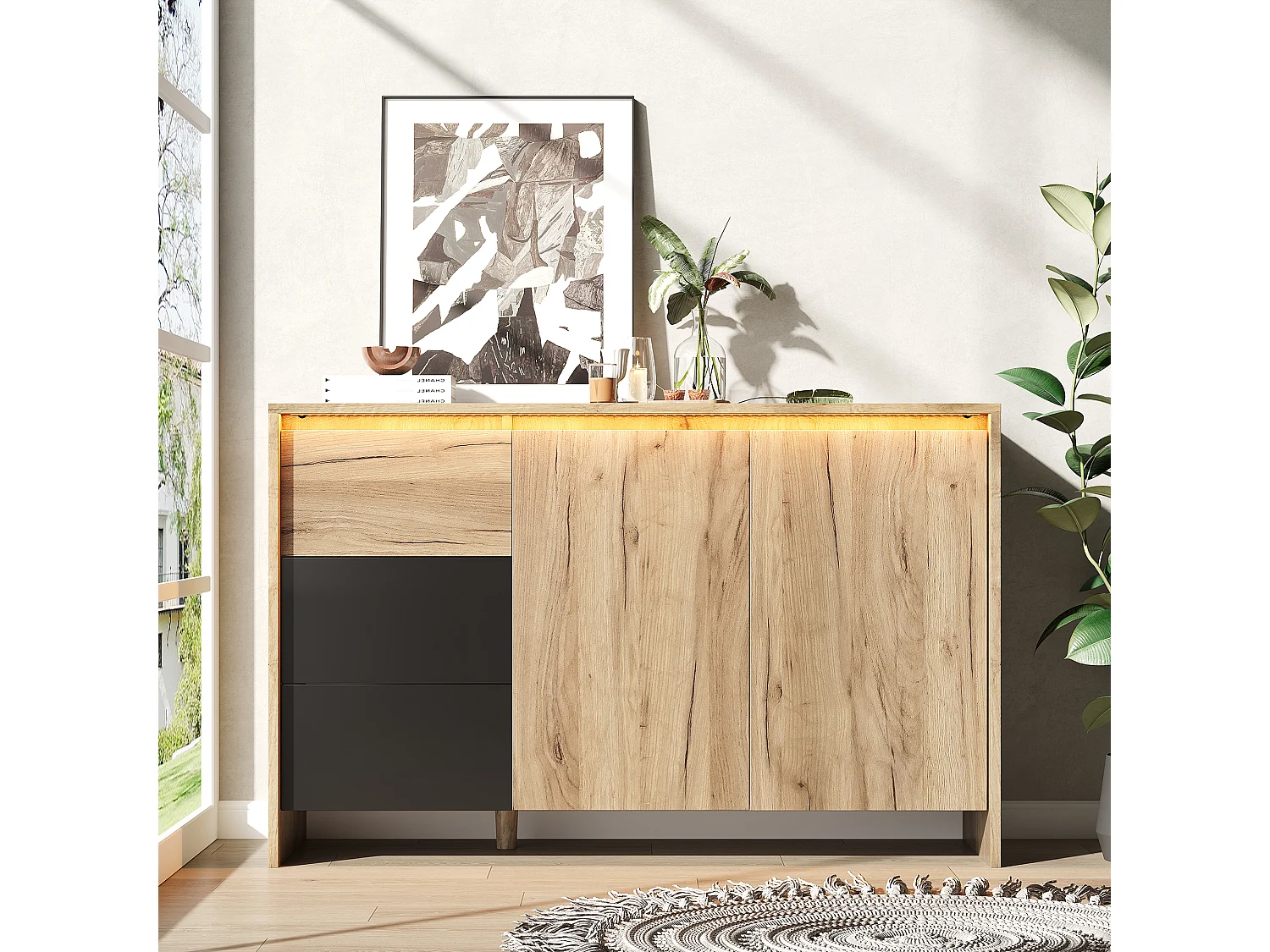 Nowoczesna komoda do salonu - 120 x 40 x 76 cm - 3 szuflady + 2 drzwi + diody LED - płyta wiórowa - kolor naturalny