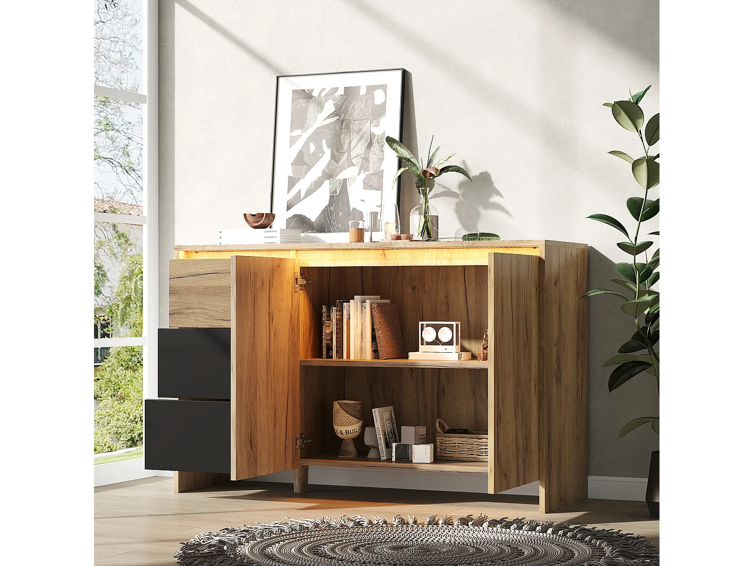 Nowoczesna komoda do salonu - 120 x 40 x 76 cm - 3 szuflady + 2 drzwi + diody LED - płyta wiórowa - kolor naturalny