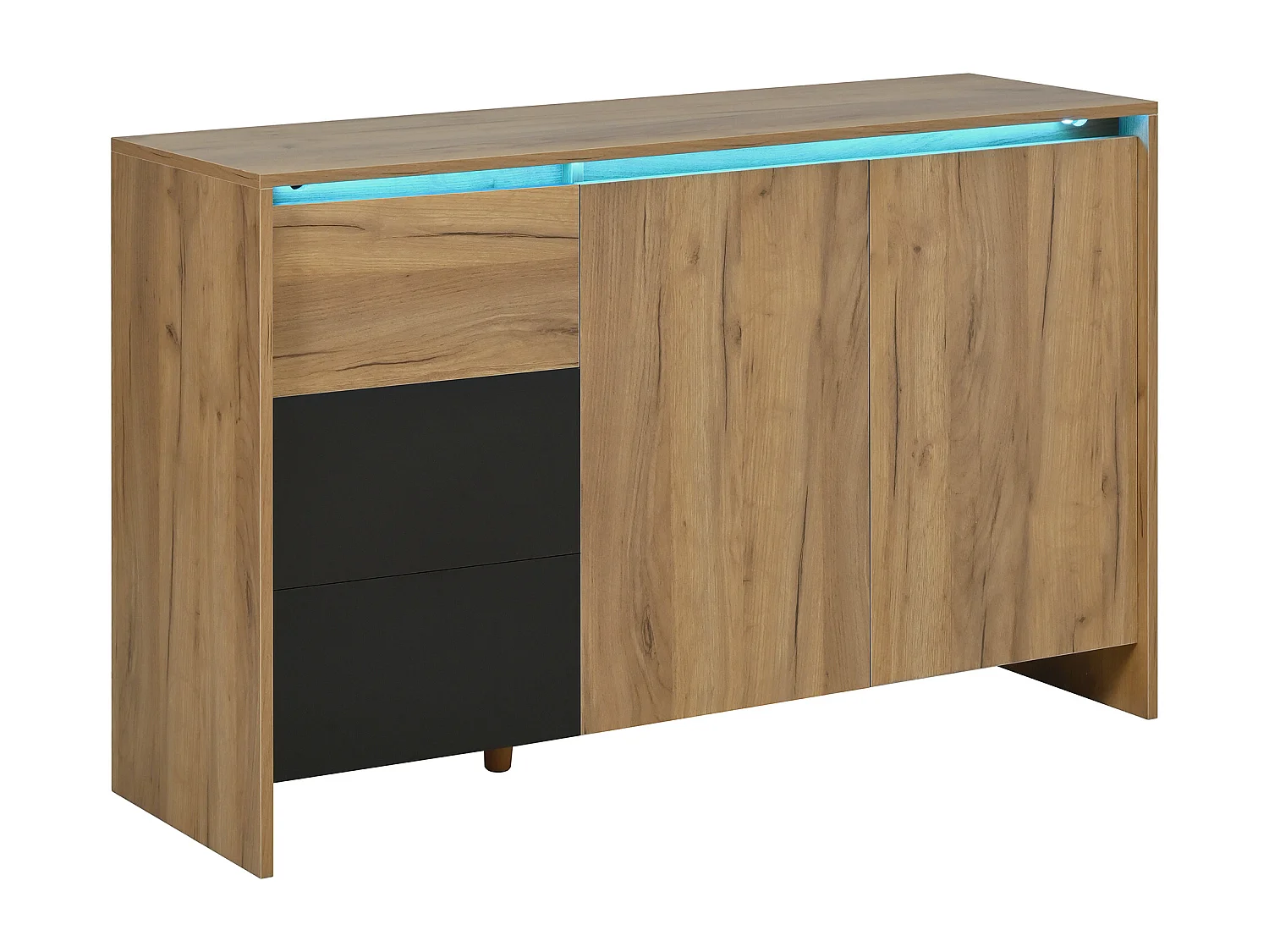 Nowoczesna komoda do salonu - 120 x 40 x 76 cm - 3 szuflady + 2 drzwi + diody LED - płyta wiórowa - kolor naturalny