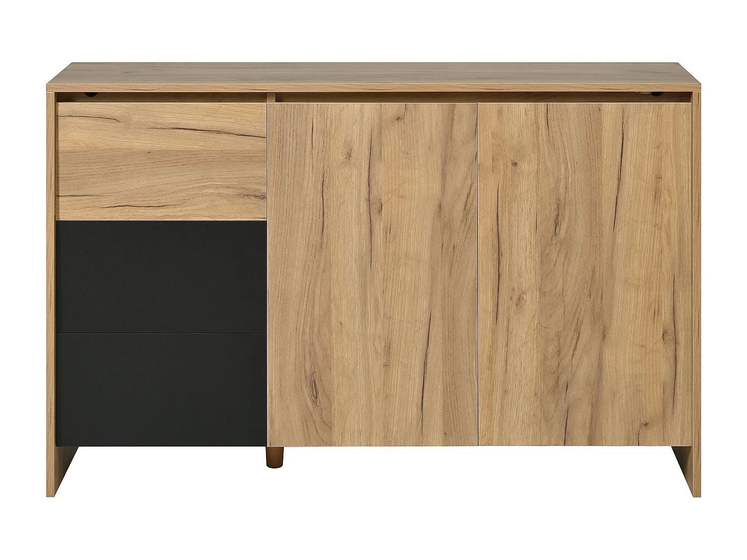 Nowoczesna komoda do salonu - 120 x 40 x 76 cm - 3 szuflady + 2 drzwi + diody LED - płyta wiórowa - kolor naturalny