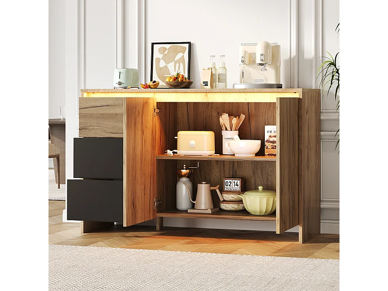 Nowoczesna komoda do salonu - 120 x 40 x 76 cm - 3 szuflady + 2 drzwi + diody LED - płyta wiórowa - kolor naturalny