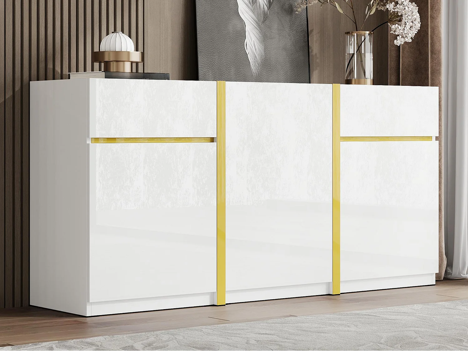 Buffet laqué brillant 160x40x78 cm - Meuble de rangement moderne - 3 portes et 2 tiroirs - MDF - Blanc