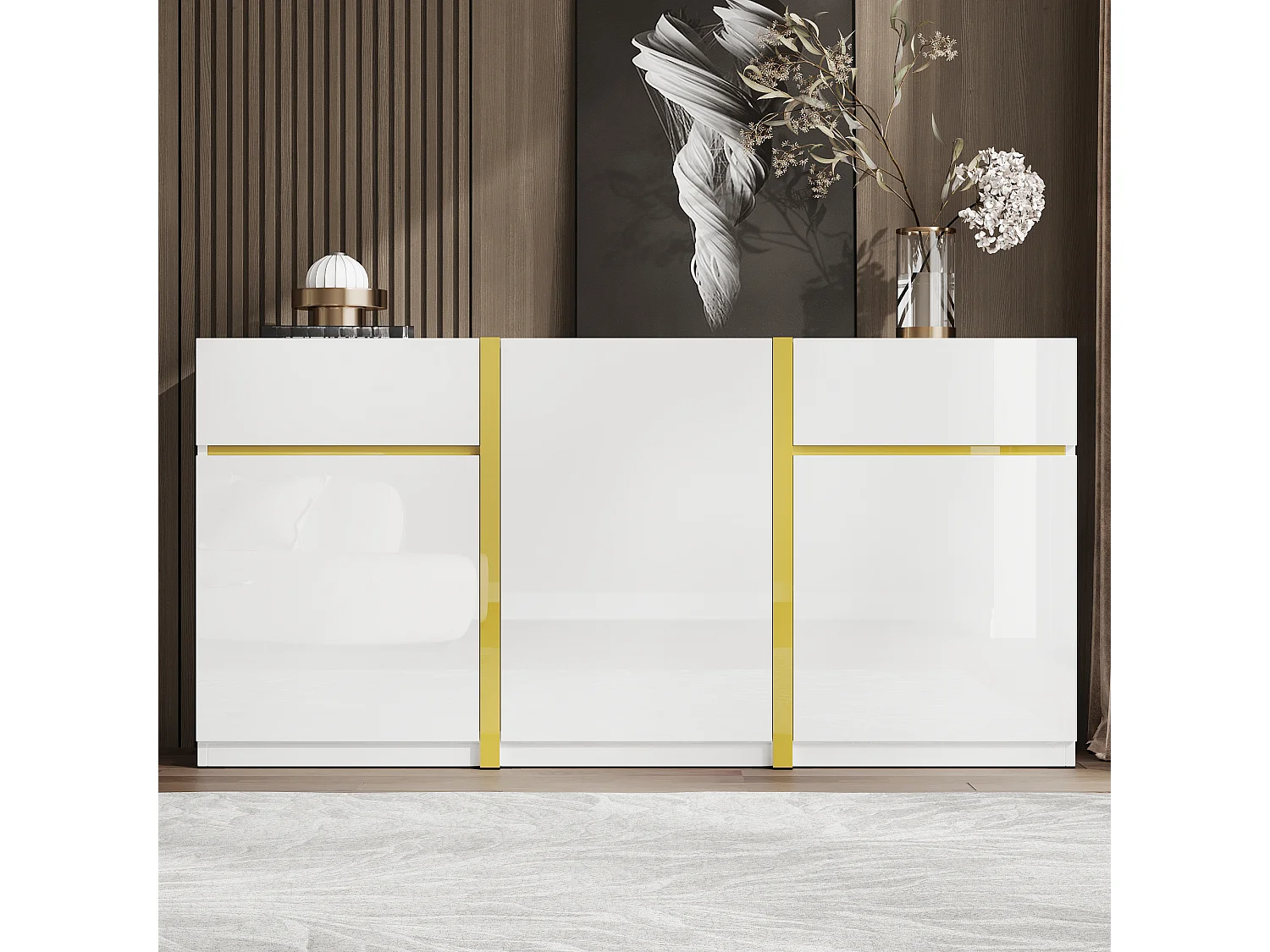 Buffet laqué brillant 160x40x78 cm - Meuble de rangement moderne - 3 portes et 2 tiroirs - MDF - Blanc
