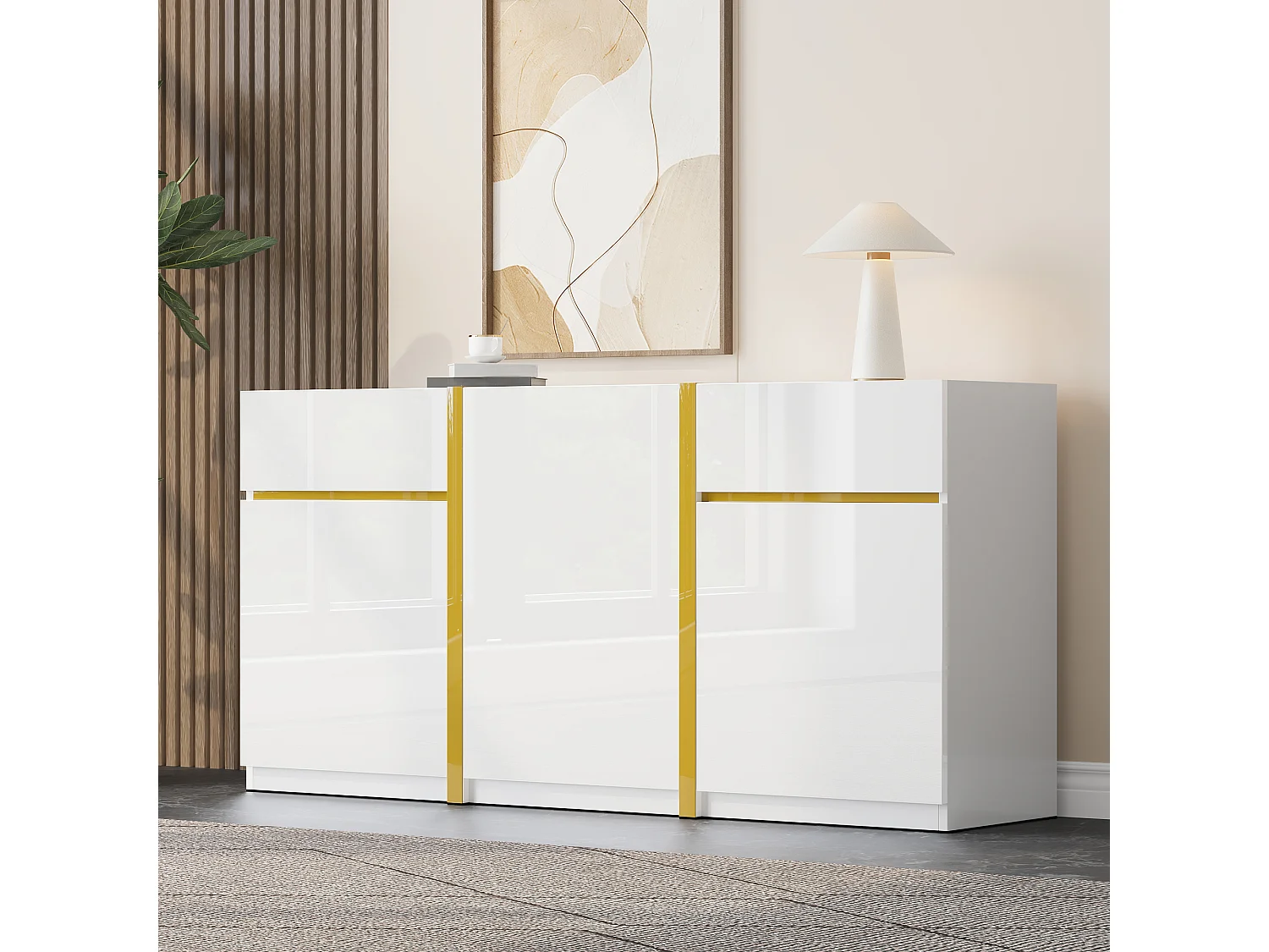 Buffet laqué brillant 160x40x78 cm - Meuble de rangement moderne - 3 portes et 2 tiroirs - MDF - Blanc