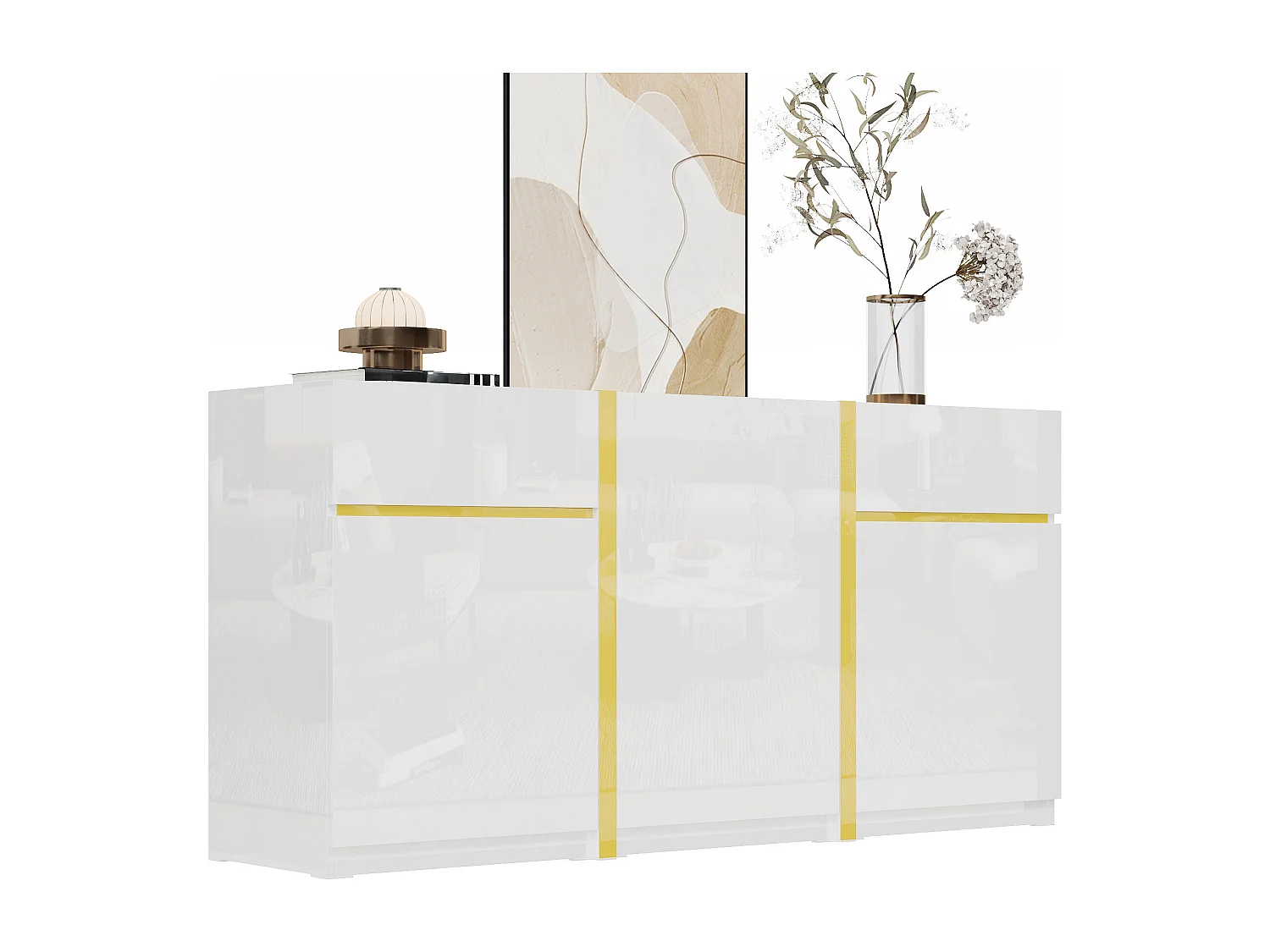 Buffet laqué brillant 160x40x78 cm - Meuble de rangement moderne - 3 portes et 2 tiroirs - MDF - Blanc