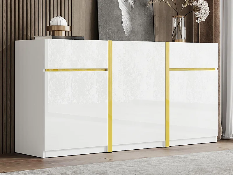 Buffet laqué brillant 160x40x78 cm - Meuble de rangement moderne - 3 portes et 2 tiroirs - MDF - Blanc