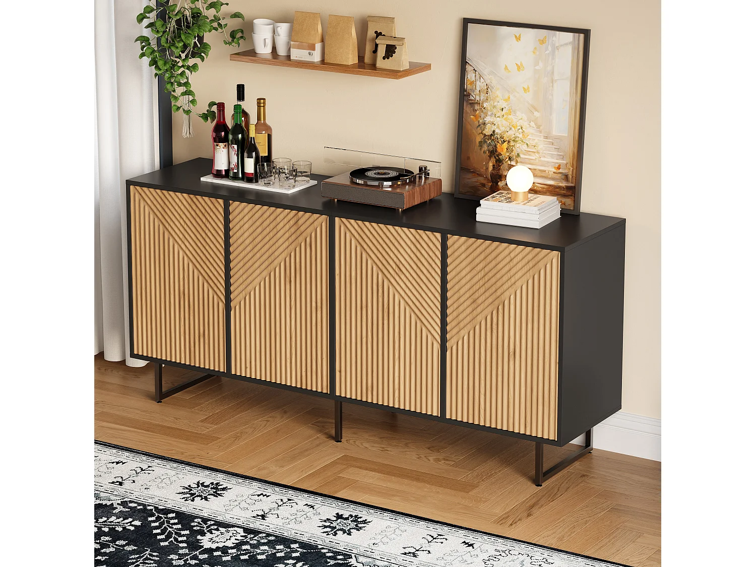 Buffet de salon finition bois naturel - 160 x 40 x 75 cm - avec 4 portes + 3 pieds - aggloméré - naturel