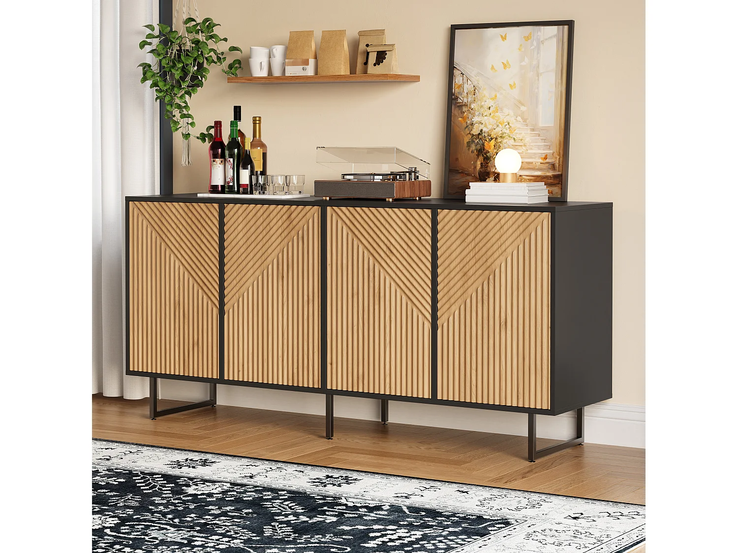 Buffet de salon finition bois naturel - 160 x 40 x 75 cm - avec 4 portes + 3 pieds - aggloméré - naturel