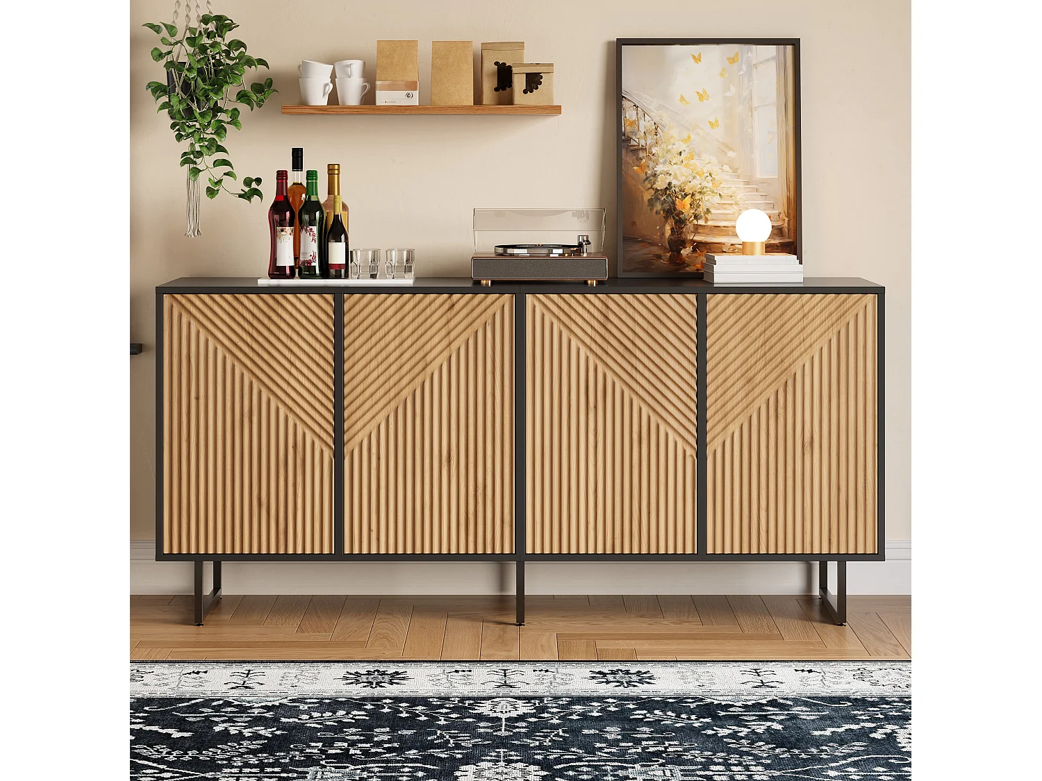 Buffet de salon finition bois naturel - 160 x 40 x 75 cm - avec 4 portes + 3 pieds - aggloméré - naturel