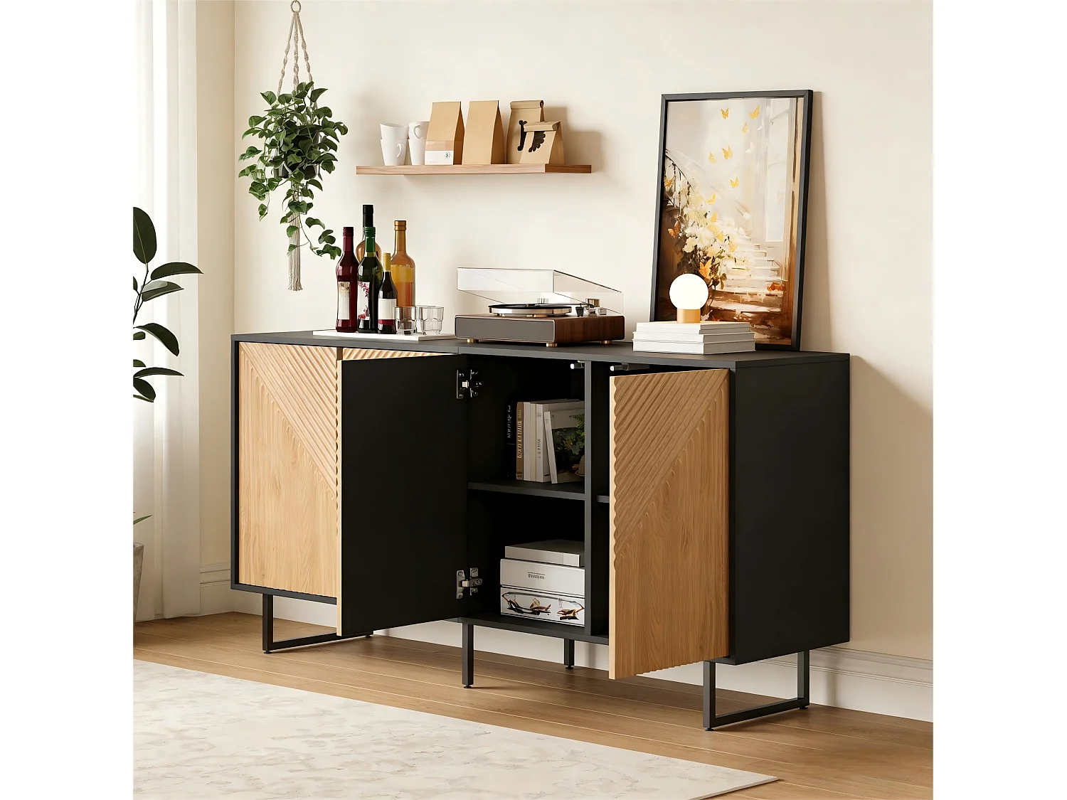 Buffet de salon finition bois naturel - 160 x 40 x 75 cm - avec 4 portes + 3 pieds - aggloméré - naturel