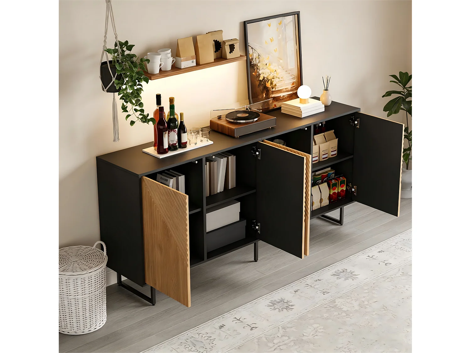 Buffet de salon finition bois naturel - 160 x 40 x 75 cm - avec 4 portes + 3 pieds - aggloméré - naturel