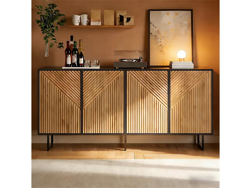 Buffet de salon finition bois naturel - 160 x 40 x 75 cm - avec 4 portes + 3 pieds - aggloméré - naturel