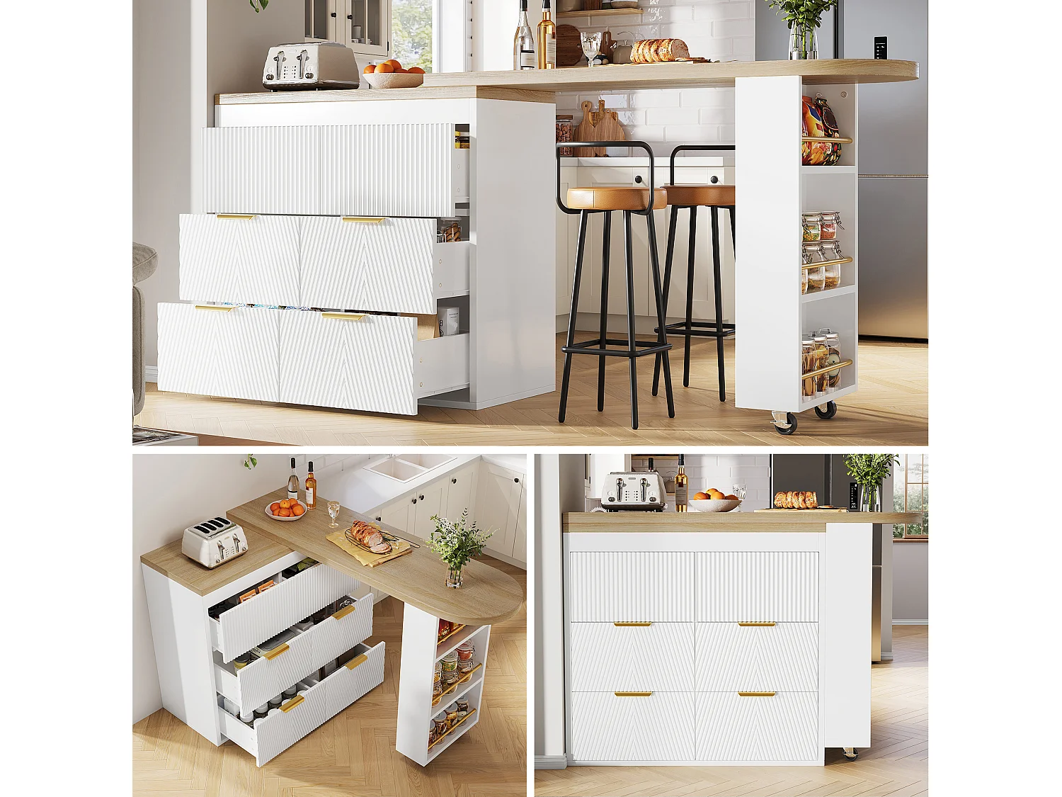 360° drehbarer Bartisch – 128/203 x 39 x 90 cm – mit Ablagen und 6 Schubladen – MDF und Metall – weiß