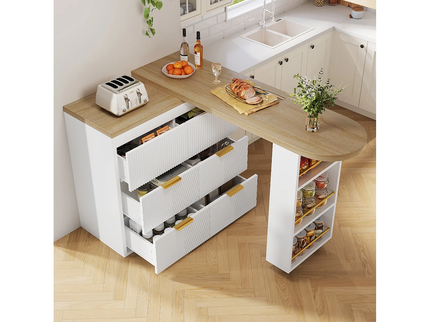 360° drehbarer Bartisch – 128/203 x 39 x 90 cm – mit Ablagen und 6 Schubladen – MDF und Metall – weiß