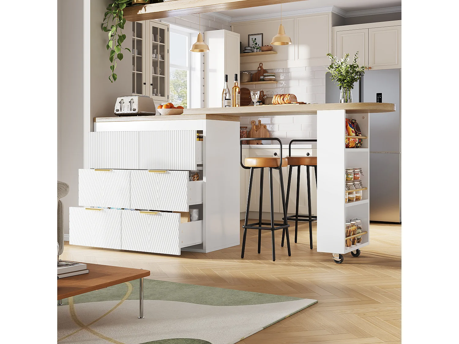 360° drehbarer Bartisch – 128/203 x 39 x 90 cm – mit Ablagen und 6 Schubladen – MDF und Metall – weiß