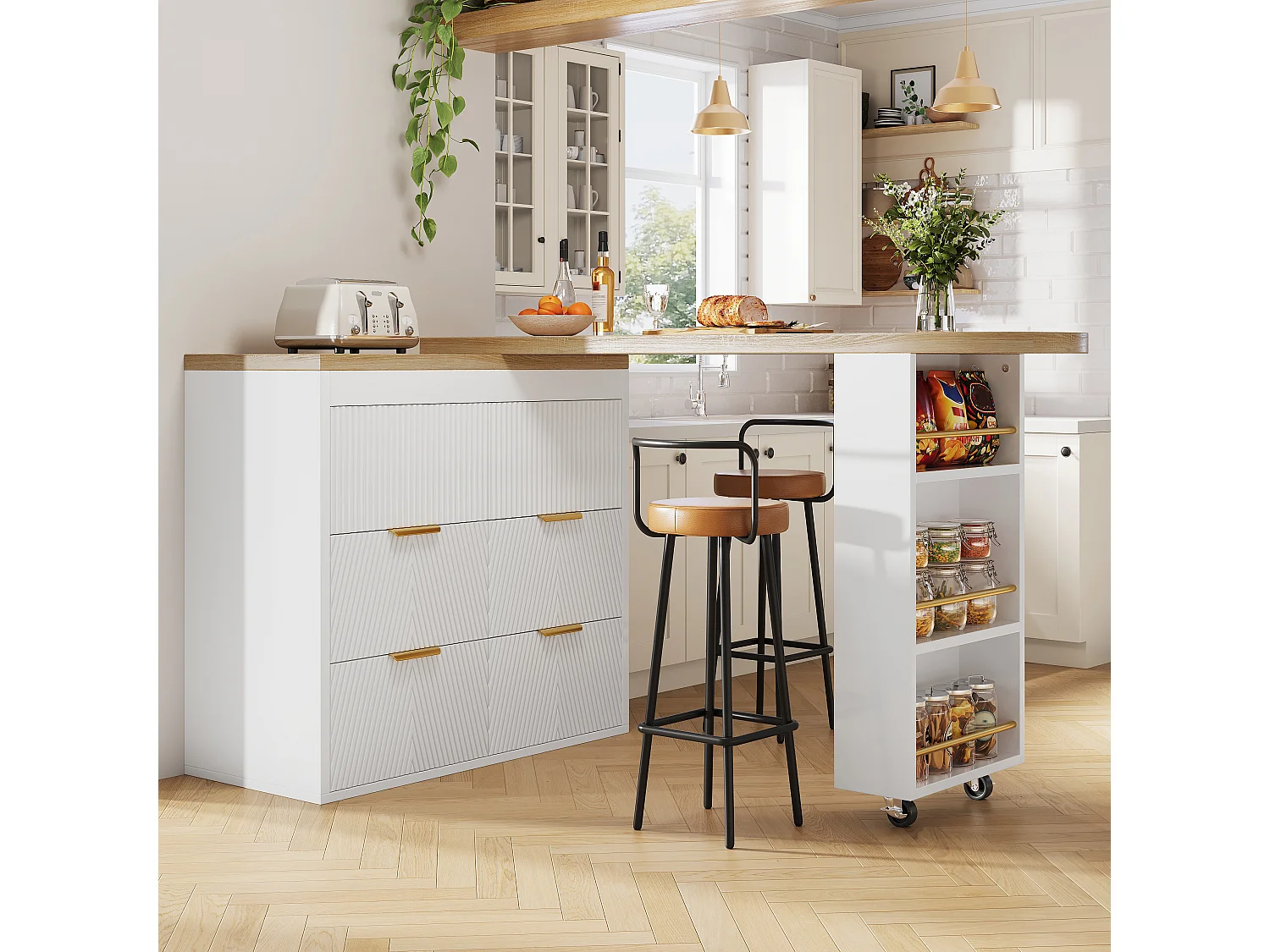 360° drehbarer Bartisch – 128/203 x 39 x 90 cm – mit Ablagen und 6 Schubladen – MDF und Metall – weiß