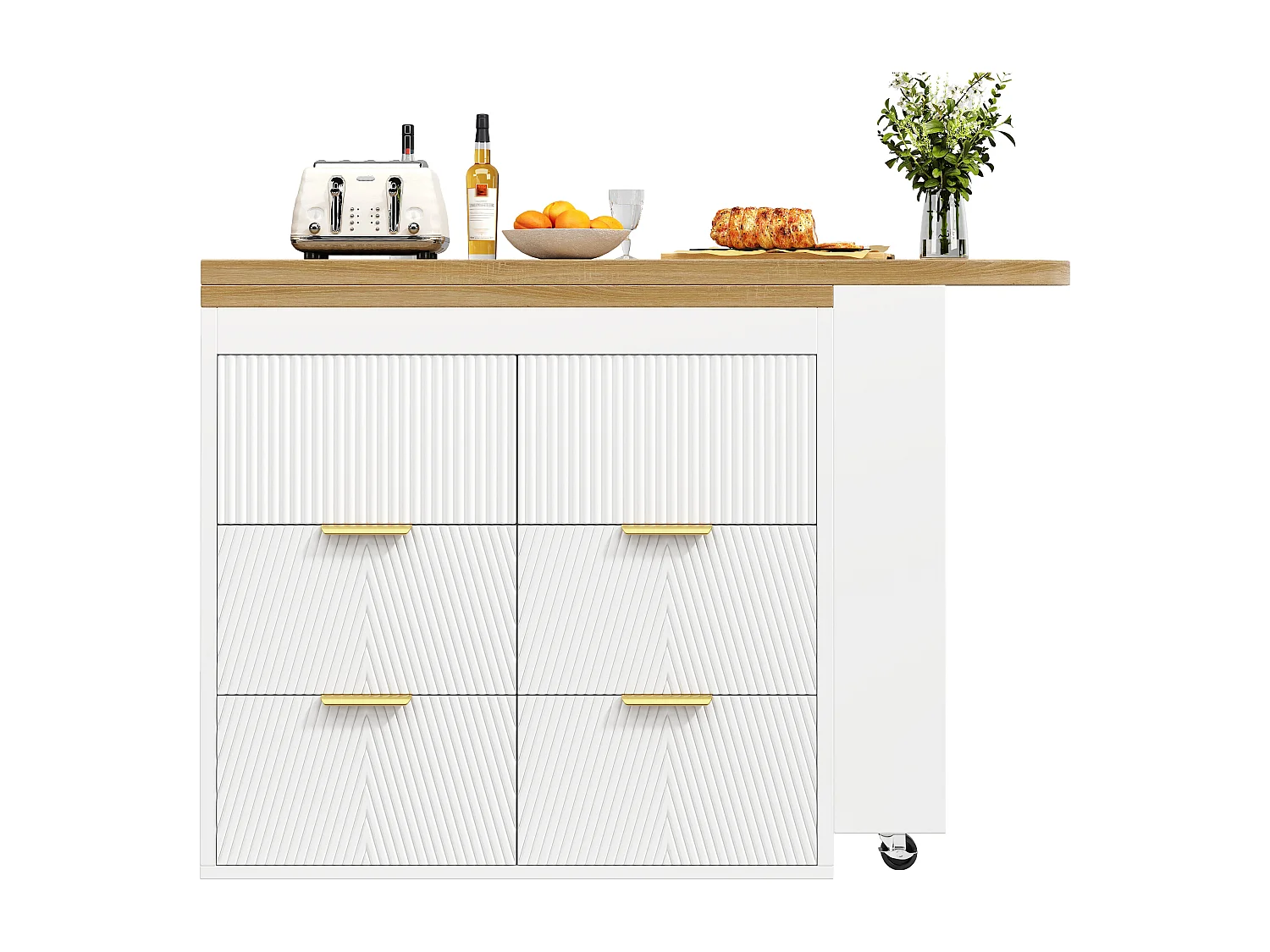 360° drehbarer Bartisch – 128/203 x 39 x 90 cm – mit Ablagen und 6 Schubladen – MDF und Metall – weiß