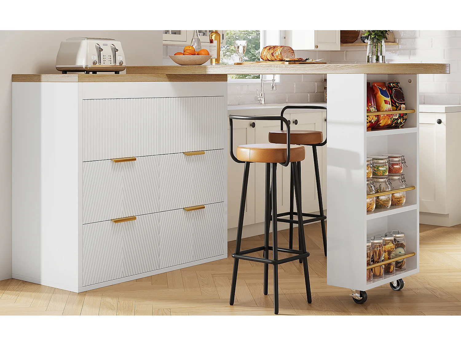 360° drehbarer Bartisch – 128/203 x 39 x 90 cm – mit Ablagen und 6 Schubladen – MDF und Metall – weiß