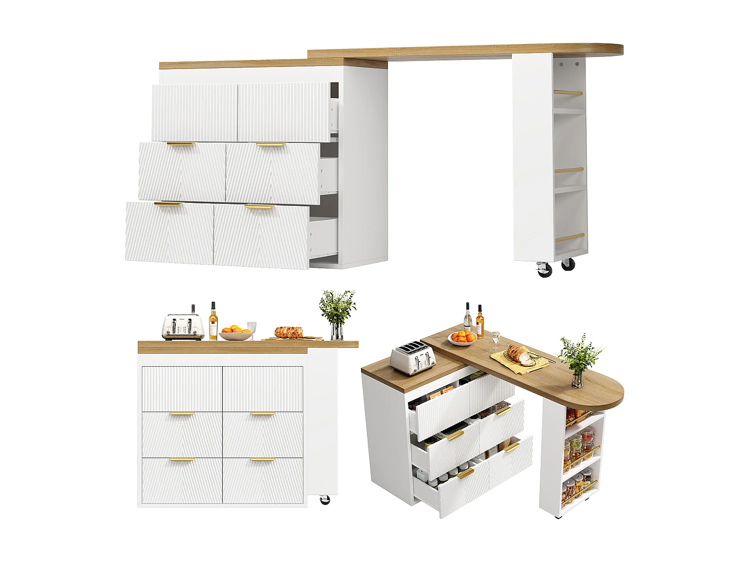 360° drehbarer Bartisch – 128/203 x 39 x 90 cm – mit Ablagen und 6 Schubladen – MDF und Metall – weiß