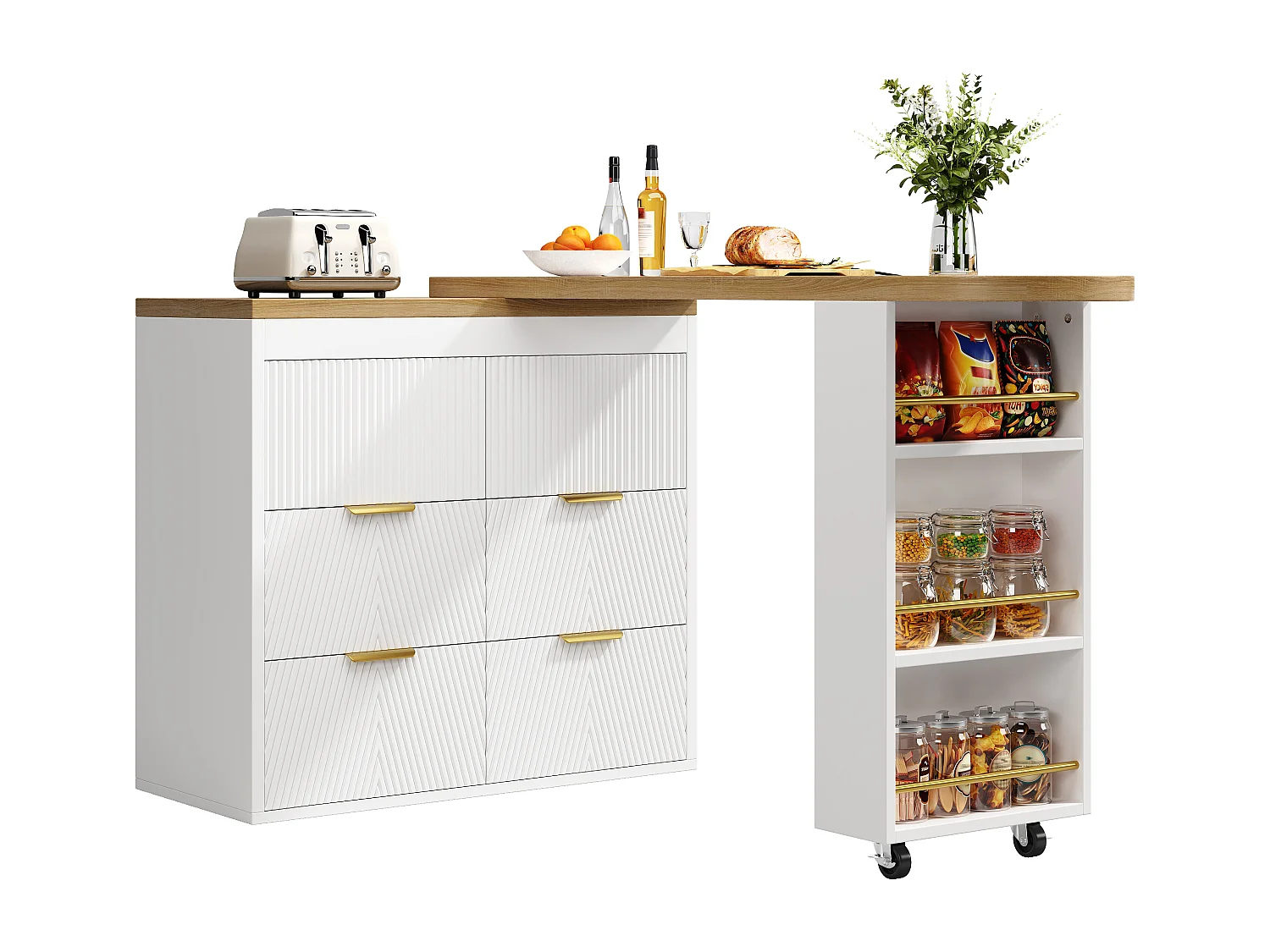 360° drehbarer Bartisch – 128/203 x 39 x 90 cm – mit Ablagen und 6 Schubladen – MDF und Metall – weiß