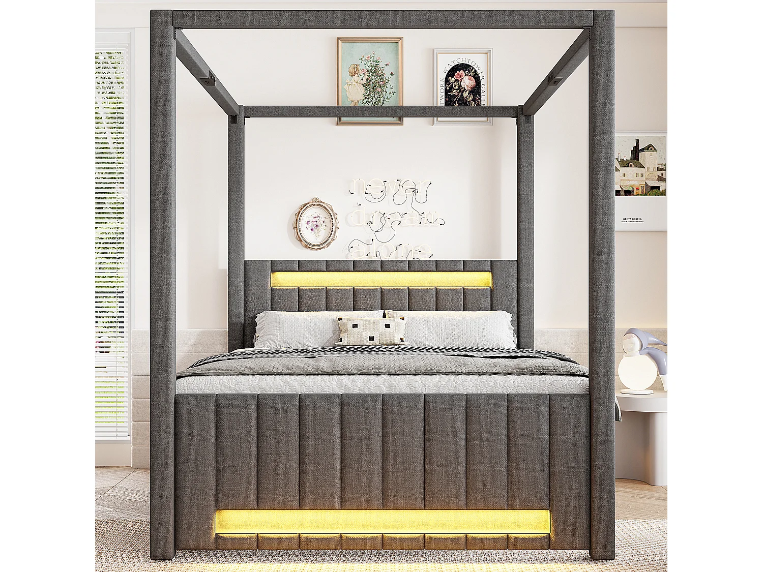 Pikowane łóżko podwójne 140x200cm - z baldachimem - Z opuszczaną ramą łóżka i 3 szufladami - Oświetlenie LED - Szary​ (materac nie jest wliczony w cenę)