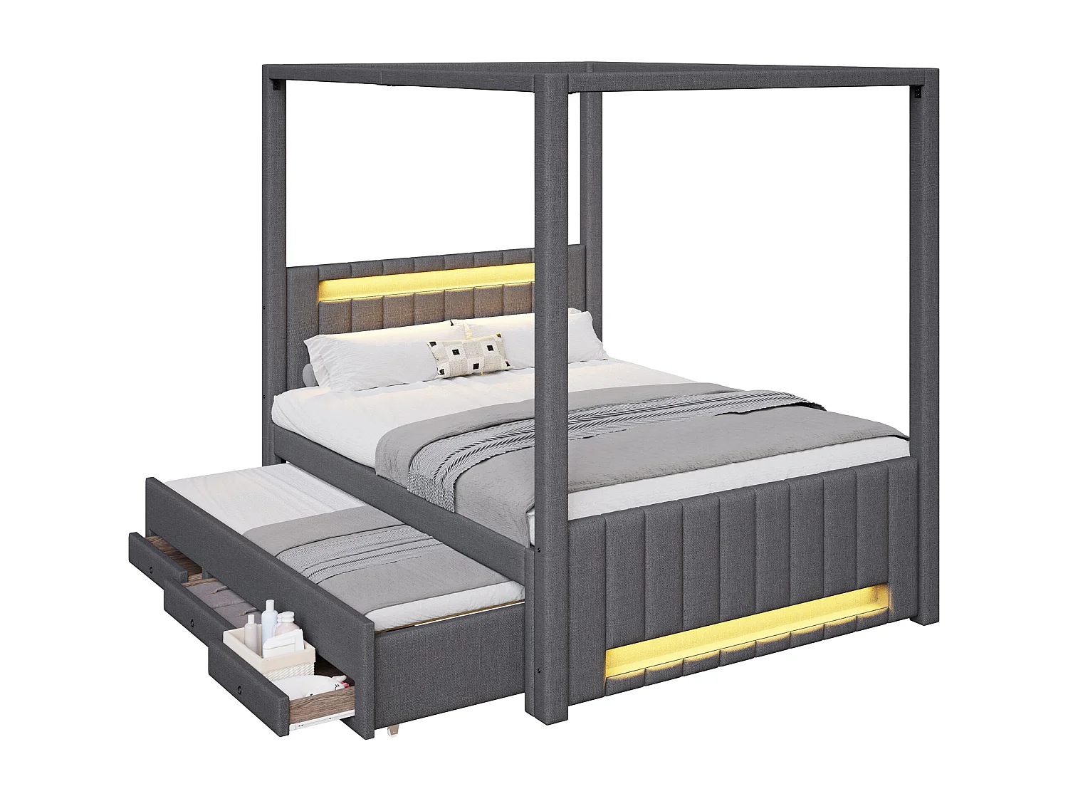 Pikowane łóżko podwójne 140x200cm - z baldachimem - Z opuszczaną ramą łóżka i 3 szufladami - Oświetlenie LED - Szary​ (materac nie jest wliczony w cenę)