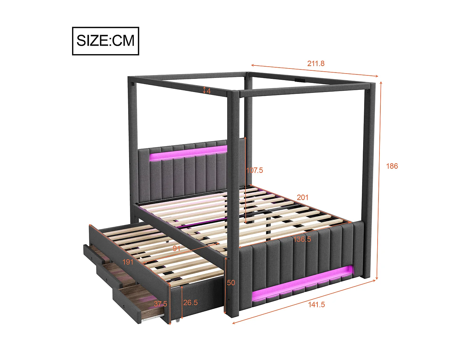 Pikowane łóżko podwójne 140x200cm - z baldachimem - Z opuszczaną ramą łóżka i 3 szufladami - Oświetlenie LED - Szary​ (materac nie jest wliczony w cenę)
