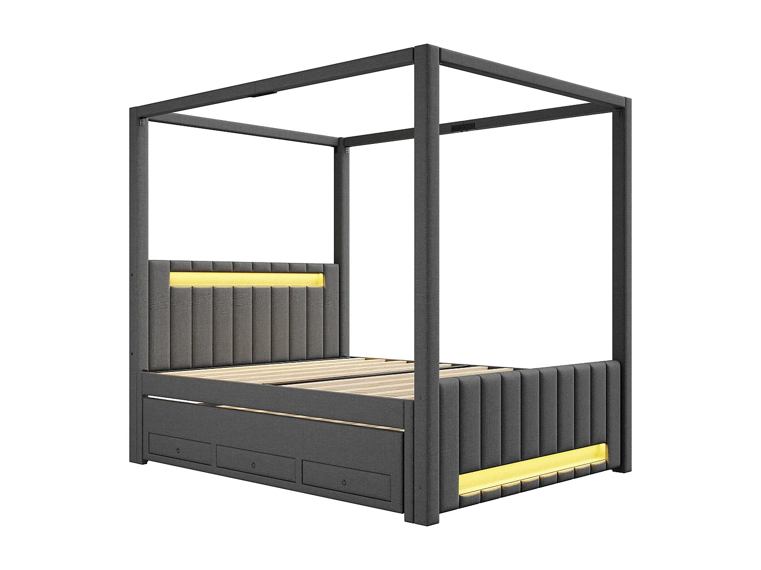 Pikowane łóżko podwójne 140x200cm - z baldachimem - Z opuszczaną ramą łóżka i 3 szufladami - Oświetlenie LED - Szary​ (materac nie jest wliczony w cenę)