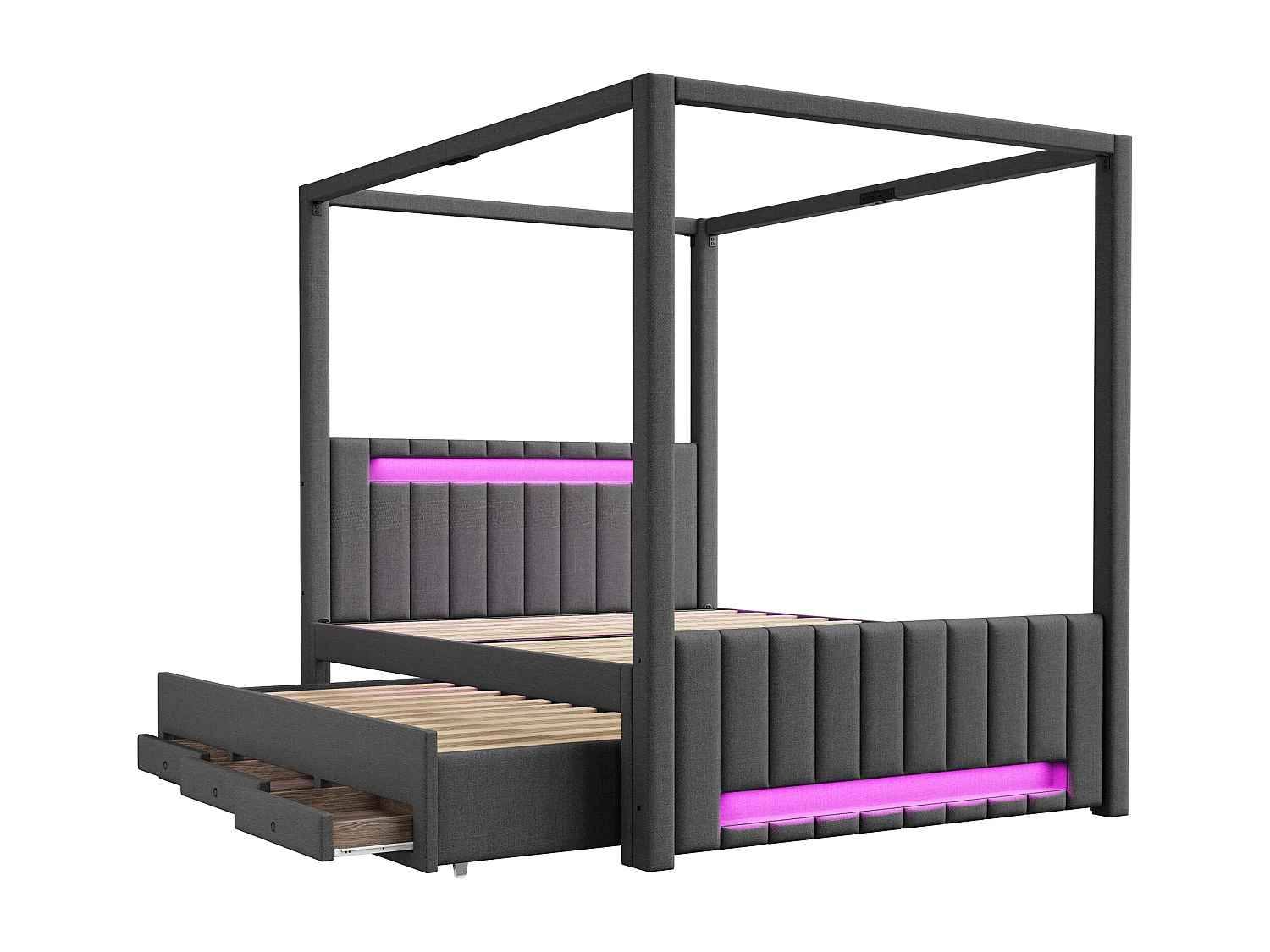 Pikowane łóżko podwójne 140x200cm - z baldachimem - Z opuszczaną ramą łóżka i 3 szufladami - Oświetlenie LED - Szary​ (materac nie jest wliczony w cenę)