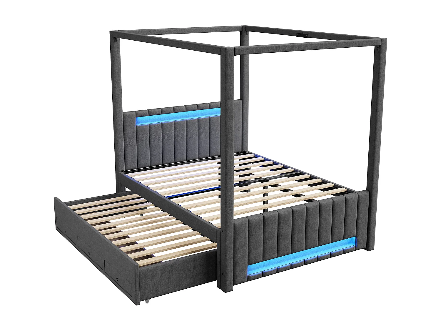 Pikowane łóżko podwójne 140x200cm - z baldachimem - Z opuszczaną ramą łóżka i 3 szufladami - Oświetlenie LED - Szary​ (materac nie jest wliczony w cenę)