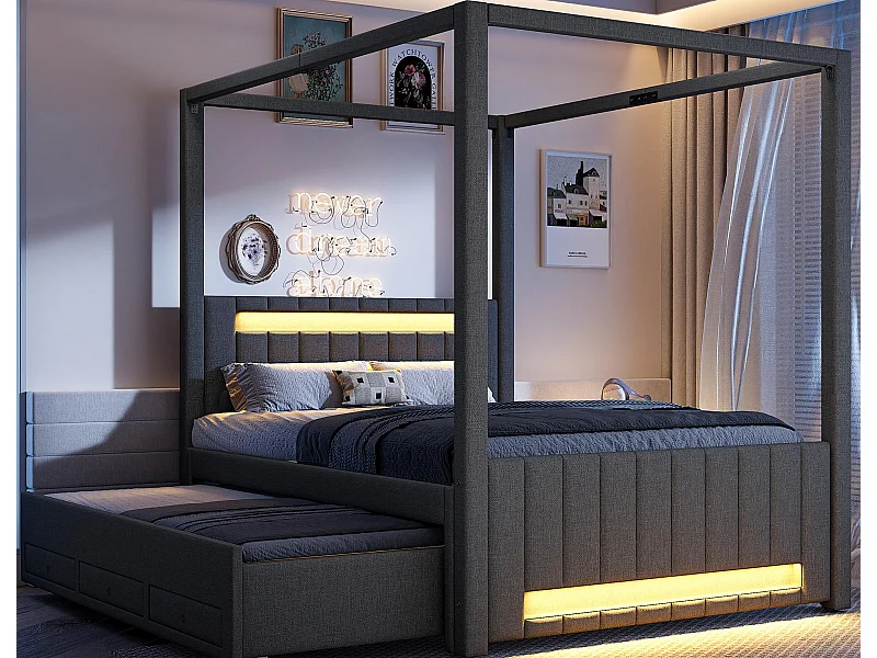 Lit double capitonné 140x200cm - avec baldaquin - avec lit gigogne et 3 tiroirs - Éclairage LED - Gris (matelas non inclus)