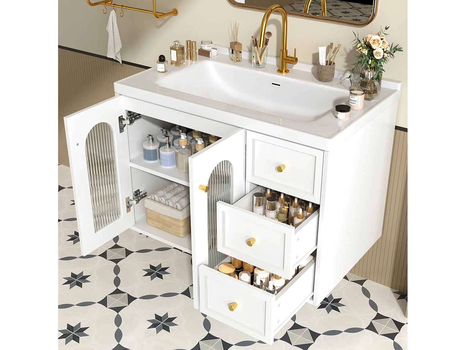 Einzelwandiger Waschtischunterschrank mit Keramikwaschbecken – 80 x 50 x 58 cm – mit Glastürschrank und 2 Schubladen – MDF – weiß